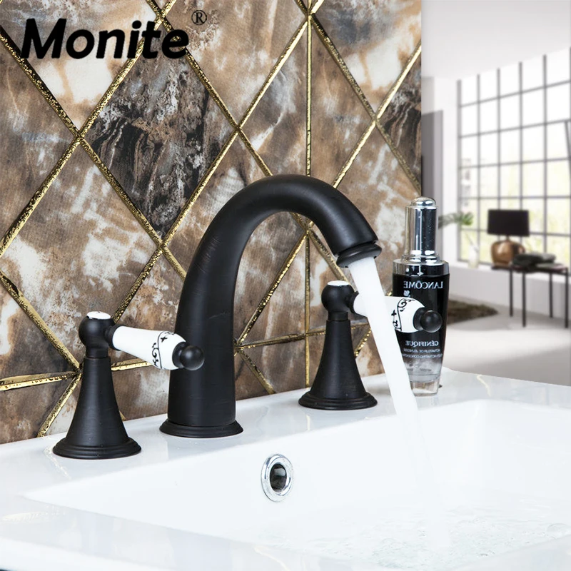 

Monite Bathtub Oil Rubbed 3 Pcs Bathroom Basin Sink Faucet Black Bronze Ceramic Handle Hose Bathtub Brass Tap Mixer Faucet