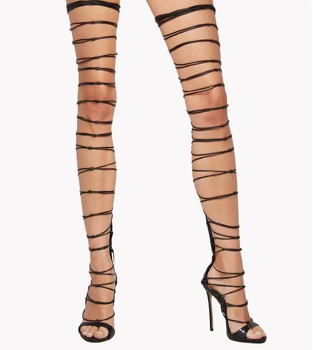 

Women Narrow Band Over The Knee Boots Snake Leather Cut-out Strappy Gladiator Sandals Boots Peep Toe Thin Heels Dress Shoes