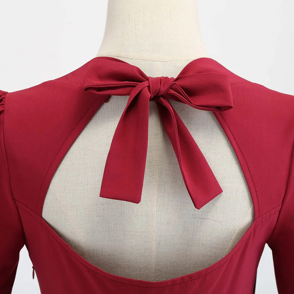 Vintage Dress Women Autumn Burgundy Tunic Bowknot Pleated Stylish Sexy Backless 2019 Elegant Casual Party 1950s Retro Midi | Женская