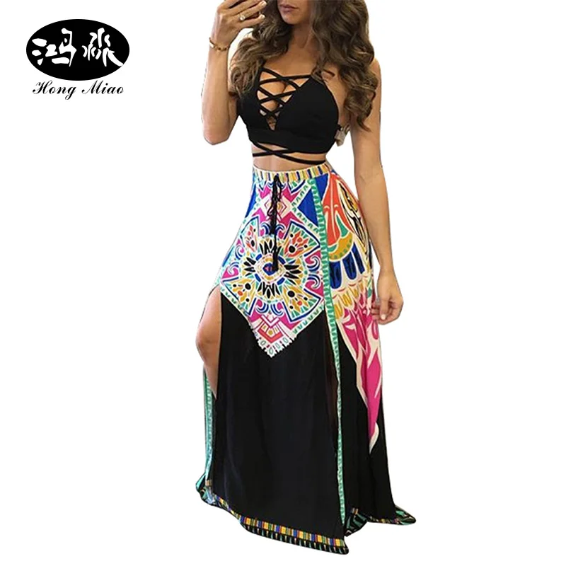 HongMiao 2018 сбоку Разделение без рукавов платья с принтом многоцветный Boho Костюмы