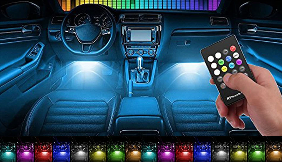 Автомобильный RGB светодиодный светильник, Цветная декоративная атмосферная лампа, авто RGB дорожка, напольный светильник, автомобильный интерьерный светильник, пульт дистанционного управления для мобильного телефона