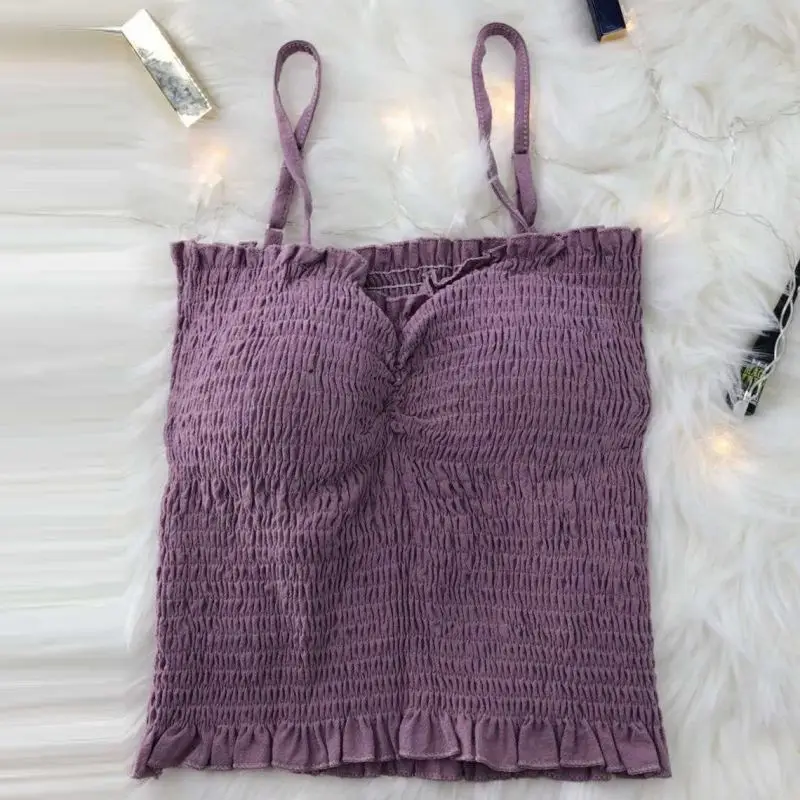 Purple Узкие укороченные топы Low-cut Для женщин пикантная короткая женская ночная кофта Для женщин укороченные топы с оборками встроенный лифчик топики с мягкими чашечками - Цвет: Purple