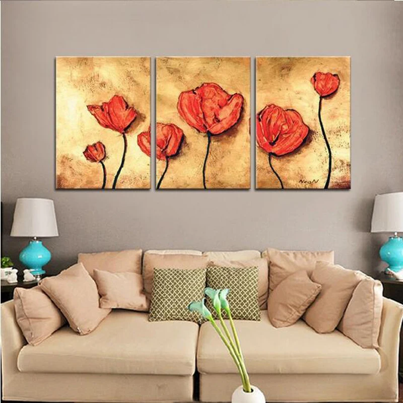 

3pcs/lot red flower decorative wall pictures hand painted modern oil painting canvas art modern style ready to hang