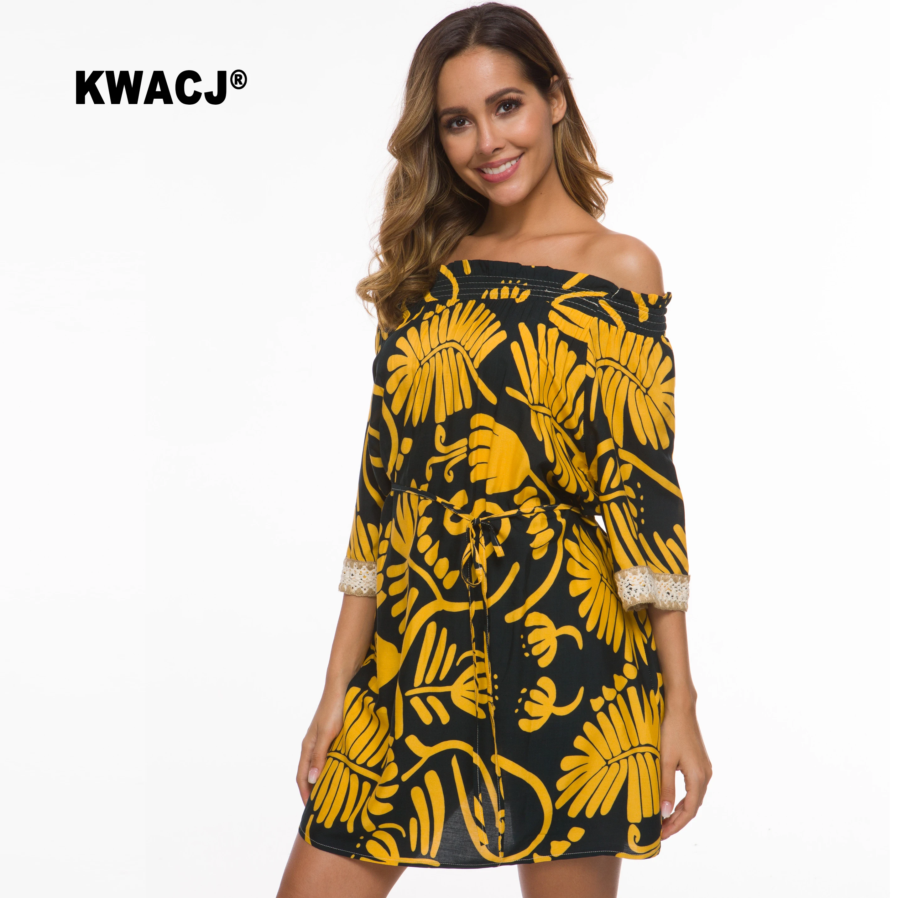 KWACJ Boho желтое платье с цветочным принтом и открытыми плечами женские летние