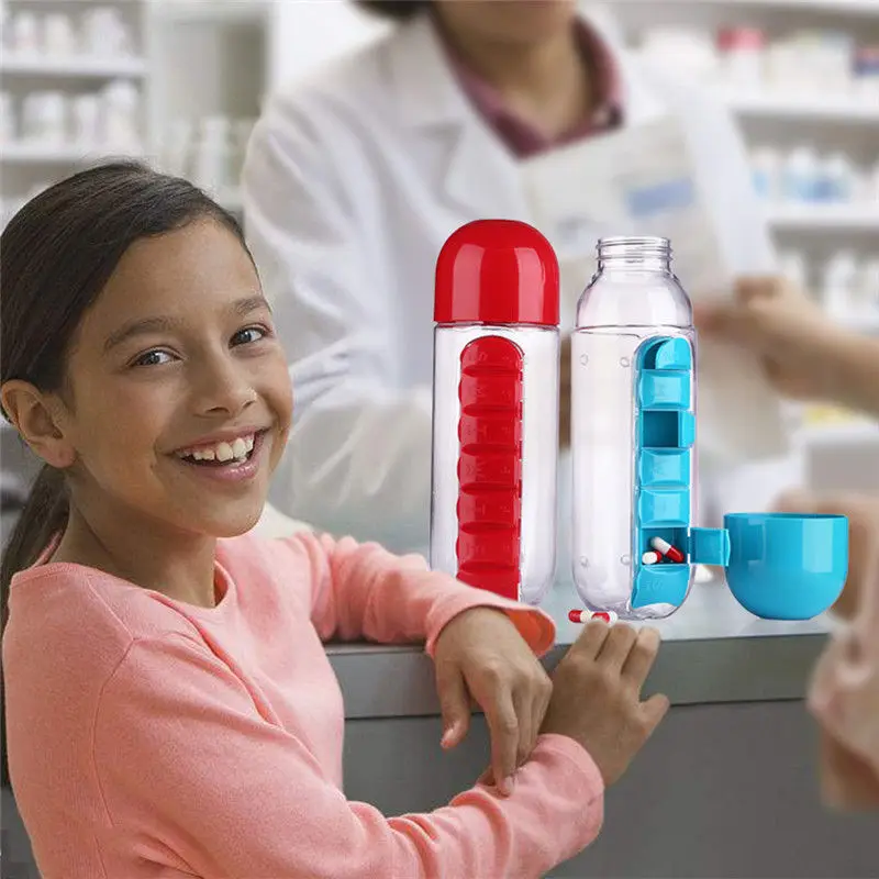 600 мл Большая пластиковая бутылка для воды BPA Free 7 Ежедневно Pill Box Медицина хранение Органайзер Питьевая Бутылка Открытый спорт Drinkware