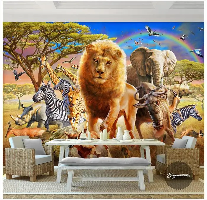 

Custom 3d photo wallpaper 3d murals wallpaper wall Blue sky rainbow wood elephant zebra animal world children painting wall