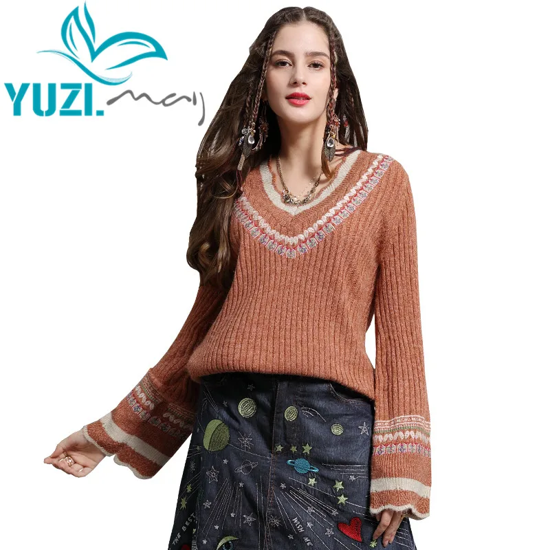 Женский свитер Yuzi. may Boho хлопковый шерстяной пуловер для женщин с v-образным вырезом и расклешенными рукавами желтый свитер для женщин B9268 пуловеры