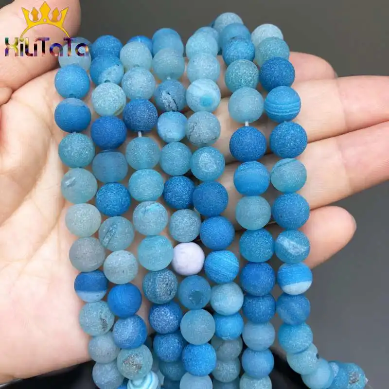 Матовые синие Бусины В Полоску Drusy Agates круглые бусины россыпью для изготовления