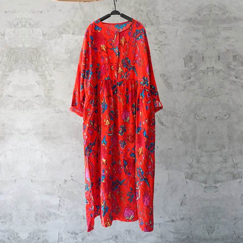 Женское платье с принтом Johnature длинное винтажное из хлопка и льна о вырезом