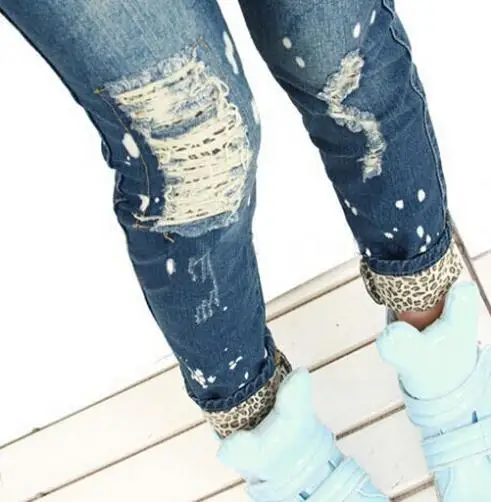 new 2015 fashion show thin white leopard grain mill do old hole pencil jeans garment tide flanging free delivery |