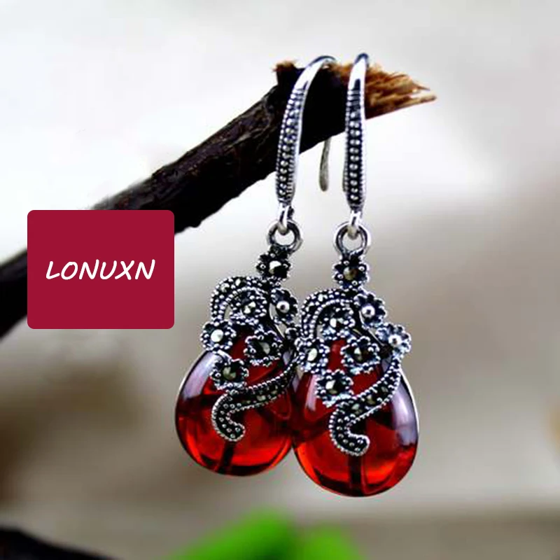

4cm 925 Sterling silver Semi-precious stones Garnet Earrings Fashion Retro Dangle Earrings red Women jewelry girlfriend gift