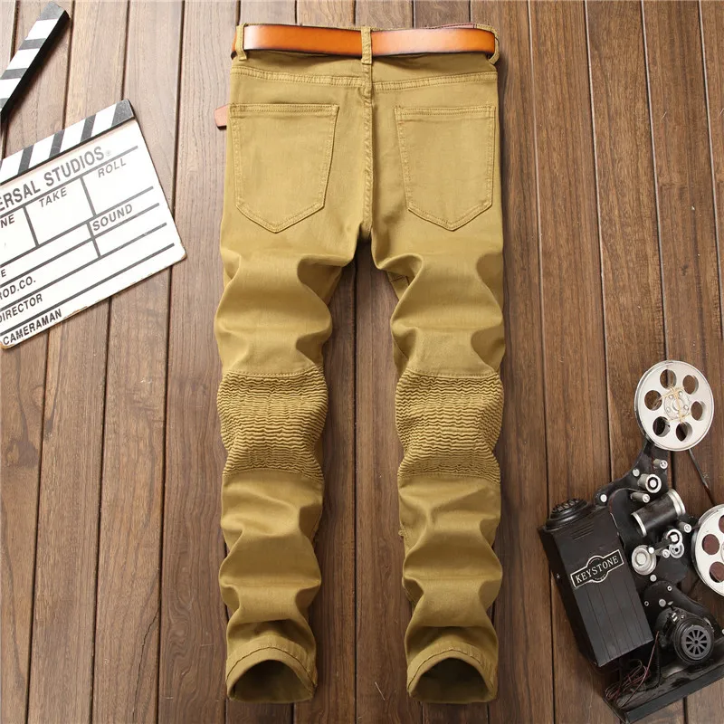 2017 New Fashion Mens Ripped Biker Jeans Pants With Holes Stretchy Distressed Motorcycle Denim Trousers Side Zipper Khaki | Мужская
