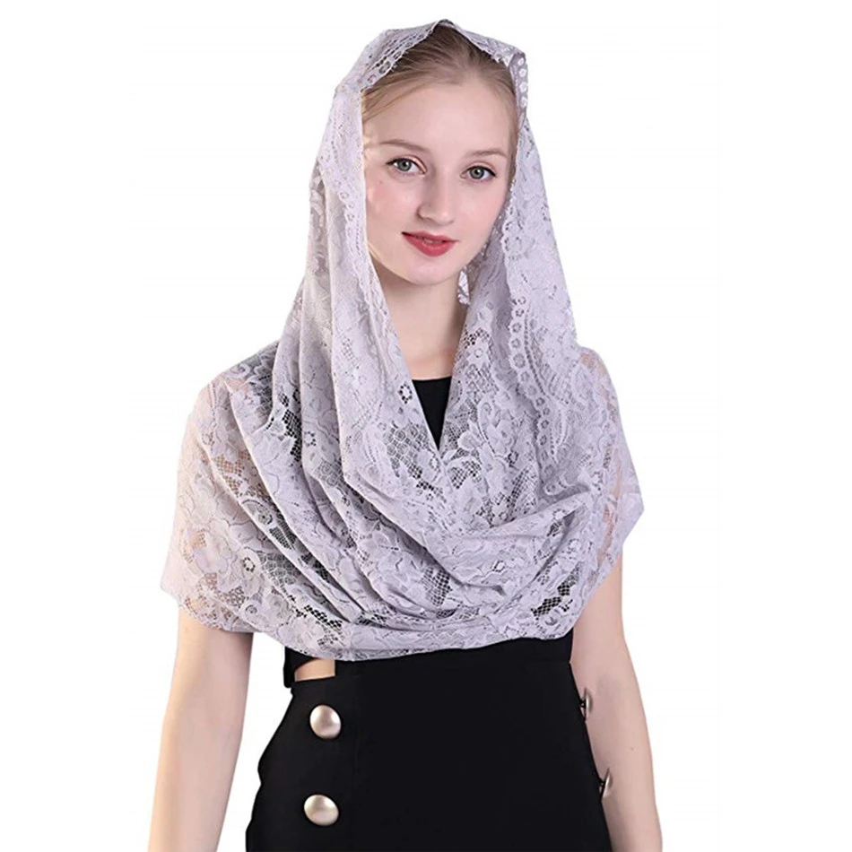 

ISHSY Grey Lace Women Catholic Veil Mantilla for Church Head Covering Latin Mass Mantilla de Novia Negra Chapel infinity veil