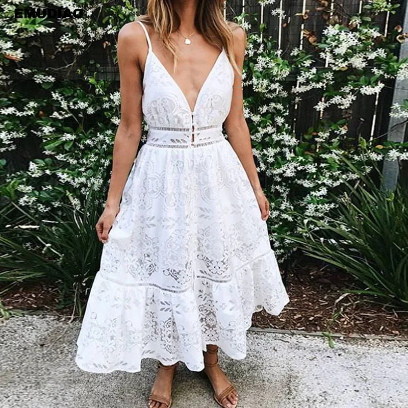 Sexy Lace Spaghetti Strap White Dress Women Elegant Summer Fashion V-Neck Sleeveless Evening Party | Женская одежда