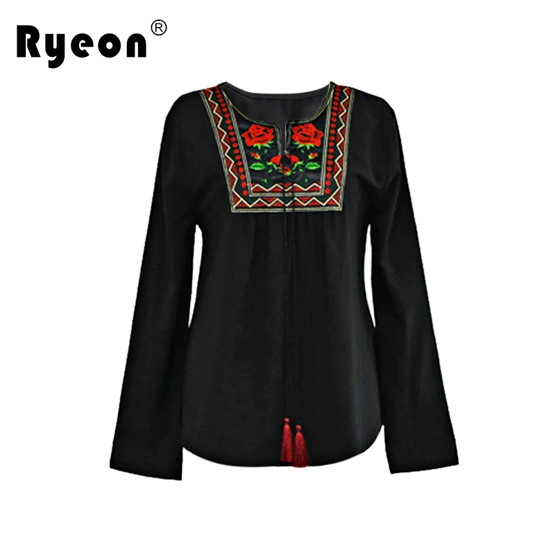 Ryeon Plus Size Women Blouse Shirt Embroidery Tassel Ethnic Sexy Black Casual Loose Long Sleeve Cotton Blouse7xl 6xl 5xl |