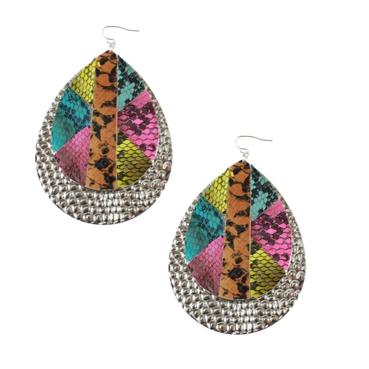 Snake Skin Joint Leather Metal Alloy Water Drop Earrings Colorful Simulated Snakeskin Light Smooth Gold Silver Eardrop BE41 | Украшения и