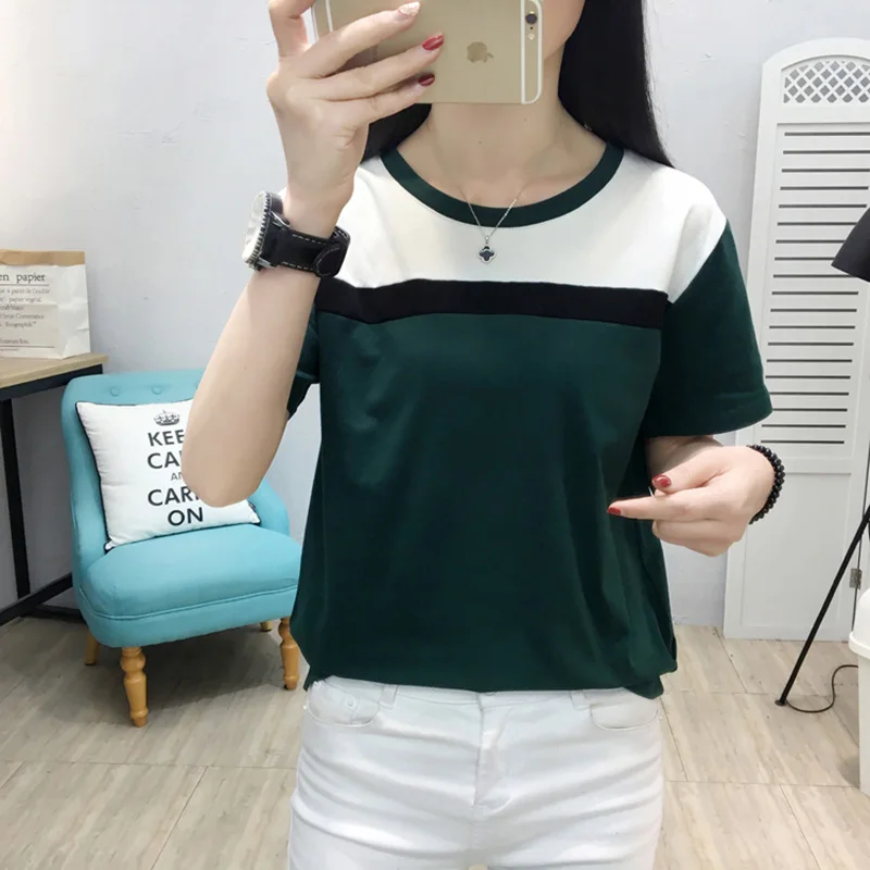 Зеленый Летняя футболка с коротким рукавом женские топы Camisas Mujer Футболка женская футболка с круглым вырезом свободная хлопковая футболка для женщин размера плюс - Цвет: Зеленый
