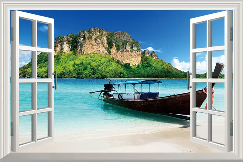 Beach Palms Wall Decal 3D Window Open View Sticker Seascape Islands Mural Sun Shine Vinyl Home Decor 50x75cm | Дом и сад