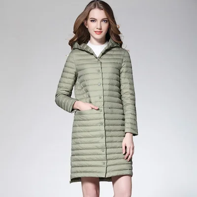 light green Женская белая куртка на утином пуху, Осень-зима, длинное пальто с капюшоном, парка, женский ультра светильник, пальто, верхняя одежда, AB1110 - Цвет: light green