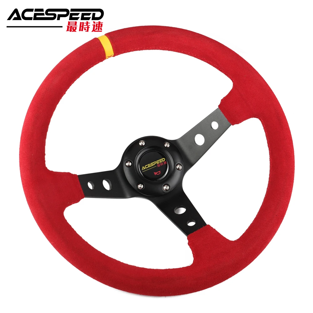 Universal Steering Wheel 350mm 13.5inch Suede leather Steering Wheel Racing Drift Red With Horn button