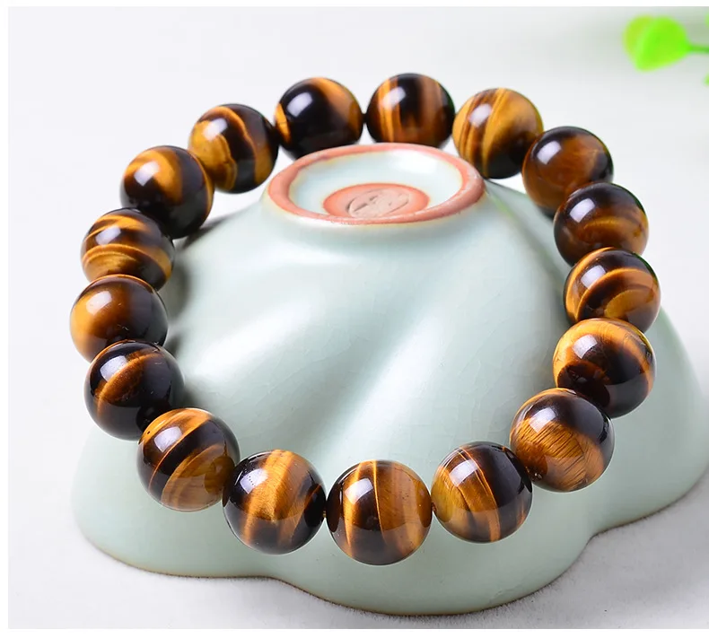 

14mm Yellow Tiger Eye Natural Stone Bracelet For Women And Men Jewelry Crystal Silver Charm Bracelets Bangles Elastic Rope Chain