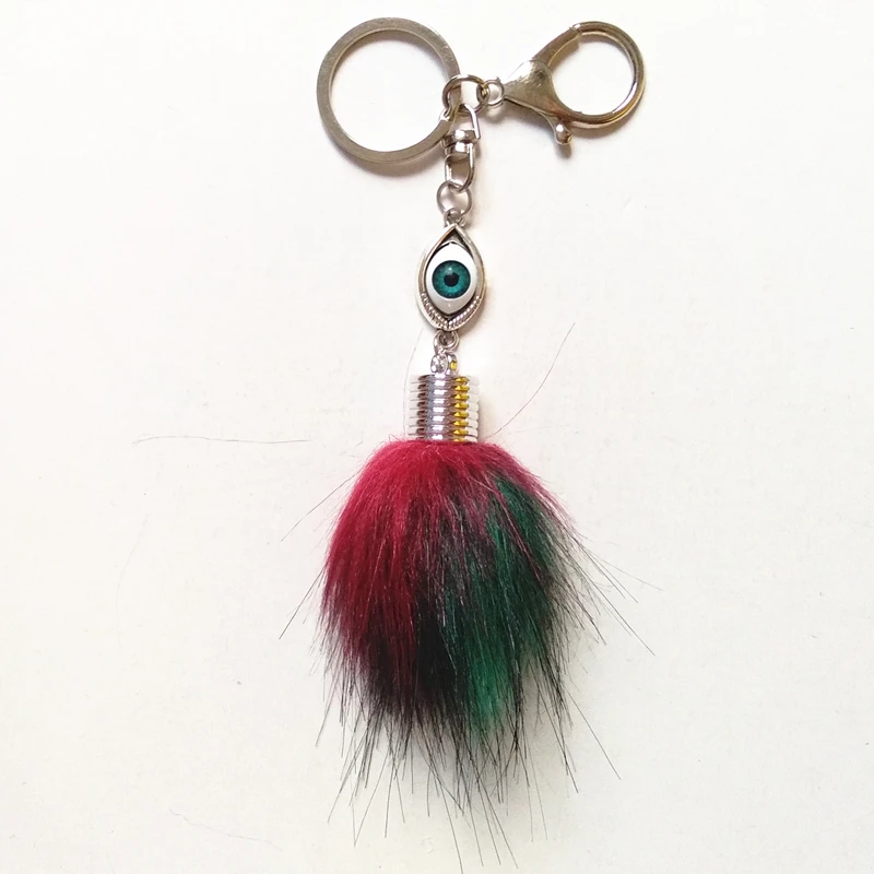 Искусственный мех енота помпон брелок для ключей из цинкового сплава с голубыми