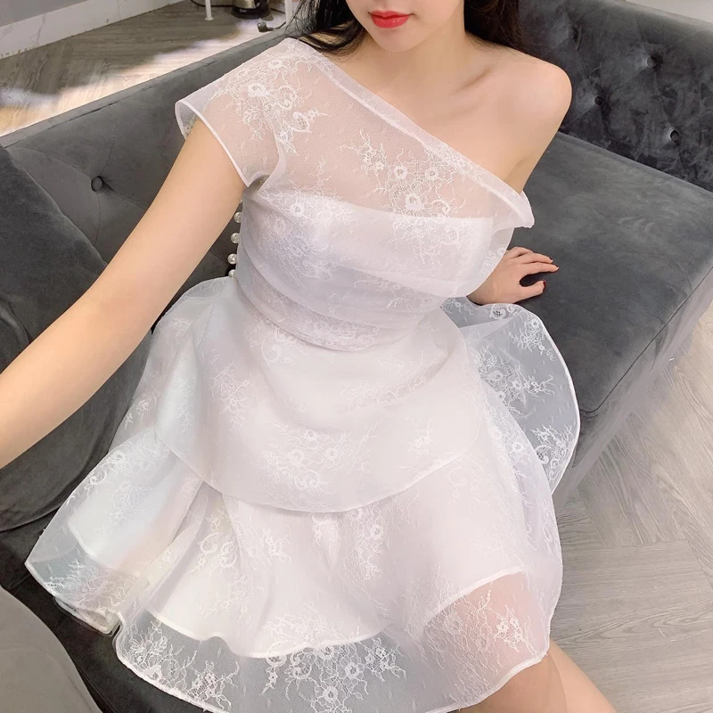 INDRRESSME 2019 Women Outfit Party Dress Off the Shoulder Mesh Ruffle Mini White Clothing With Pearl Detailing | Женская одежда