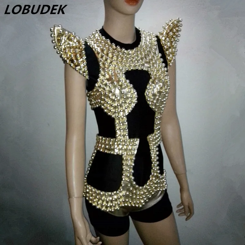 Handmade sewing Beading Bodysuit Occident Bar Female DJ singer Jazz stage Costume Leading dancer sexy Rock performance costumes