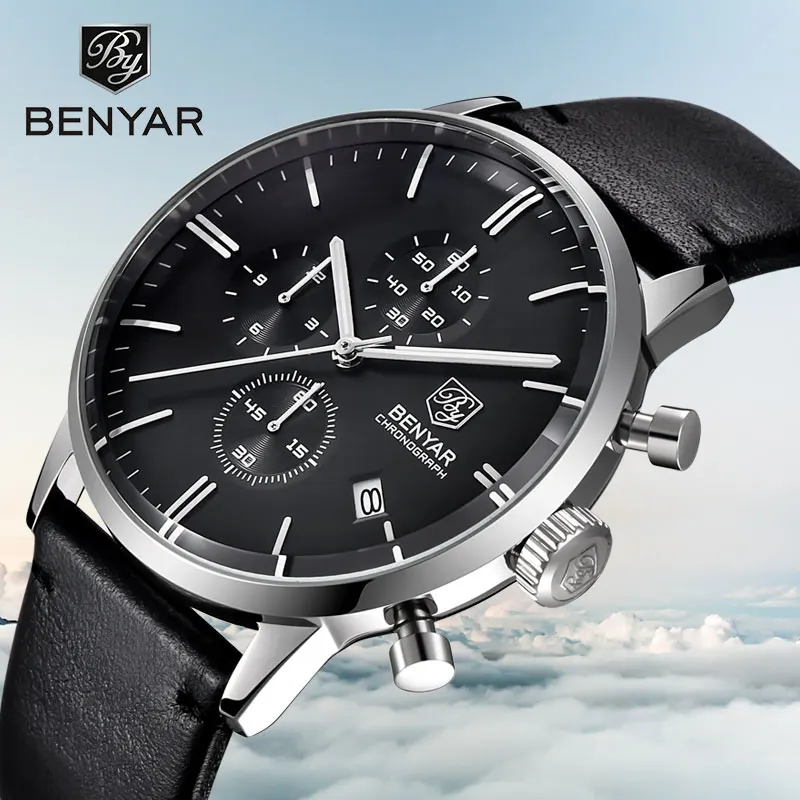 

BENYAR Men's Watch Top Fashion Luxury Men's Watch Chronograph Calendar Waterproof Military Watch Leather Sport Relogio Mascu