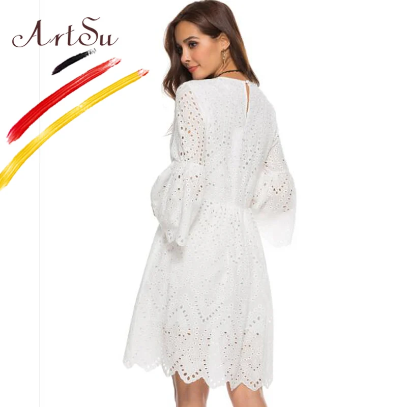

ArtSu Flare Sleeve Cotton White Embroidery Dress Women Hollow Out Knee Length Sexy Dress 2018 Summer Pink Elegant Party Dresses
