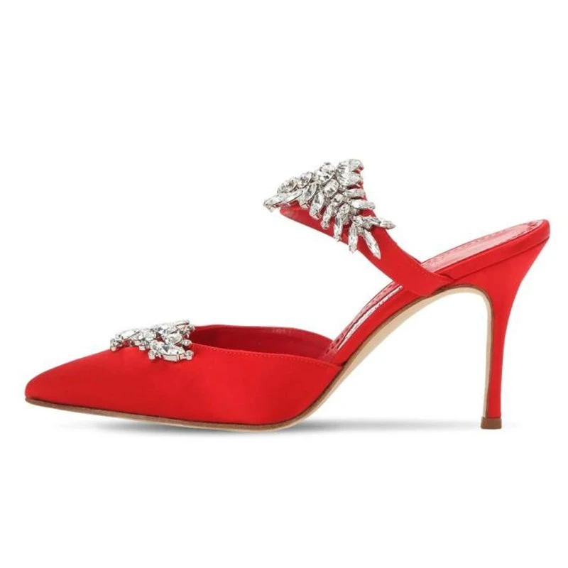 Женские атласные шлепанцы стразы на высоком тонком каблуке с острым