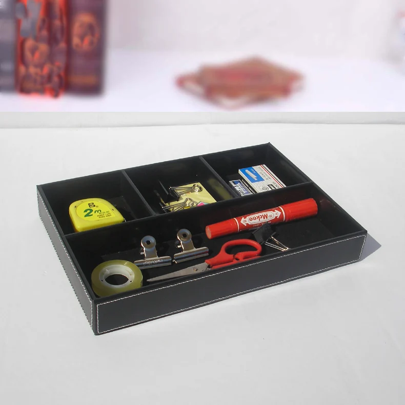 

12X8 " wood wooden leather desktop office stationery accessories pen tray holder organizer box case brown 299A
