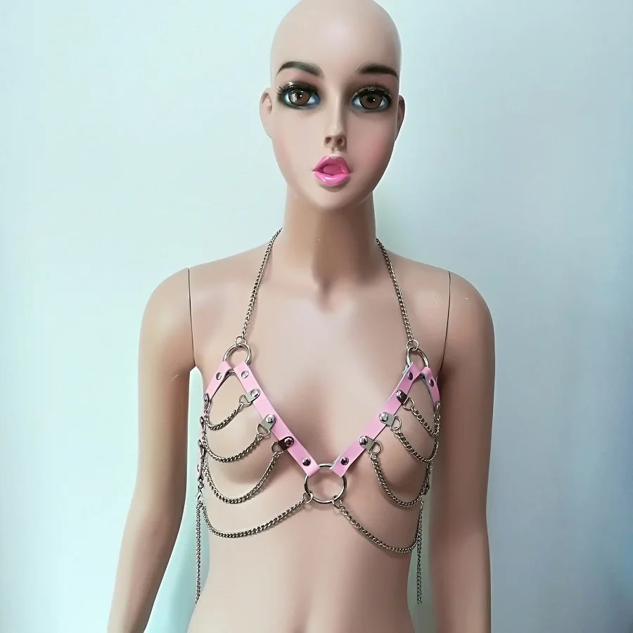 Women sexy Body Bondage Studded Rivet Punk Harness pink Leather metal Chain Handmade female Chest Belt goth Bra O-round | Женская одежда