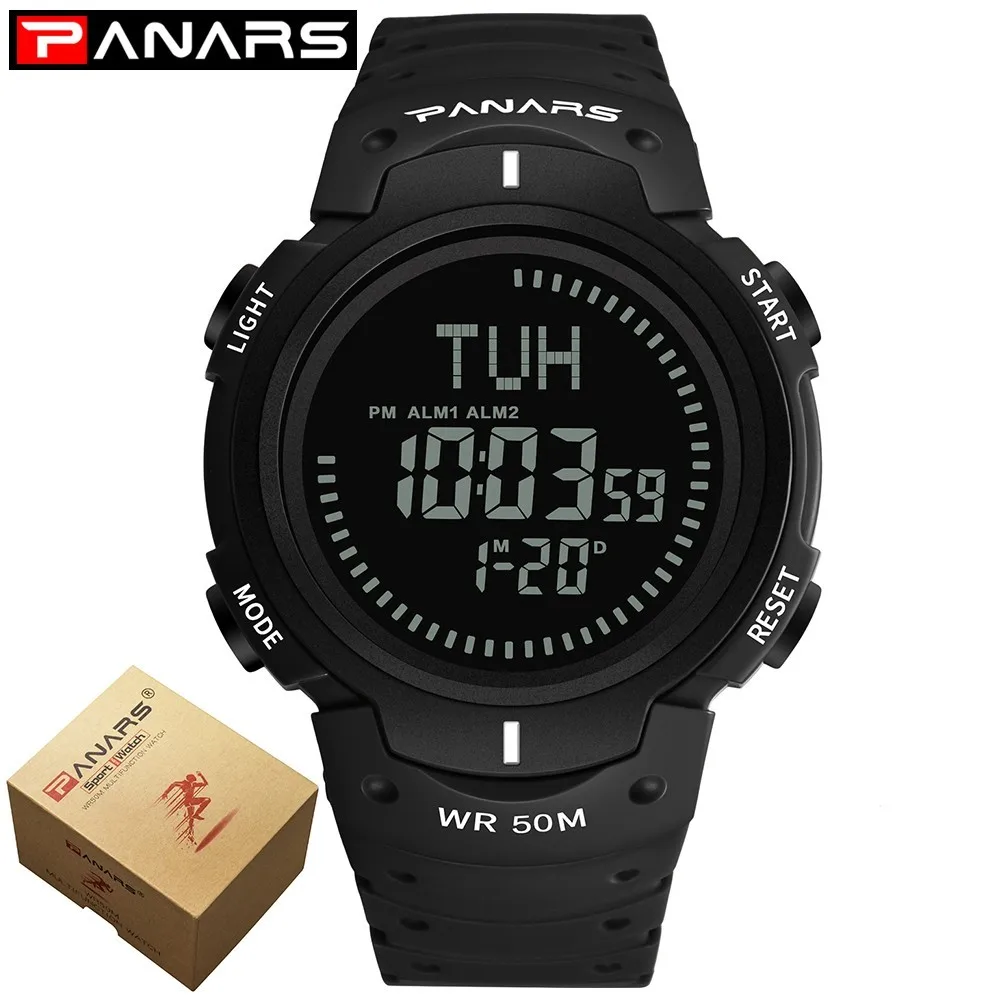 black with box PANARS компасы часы спортивные уличные мужские часы цифровые электронные наручные часы мужские Секундомер Хронограф ударопрочный водонепроницаемый - Цвет: black with box
