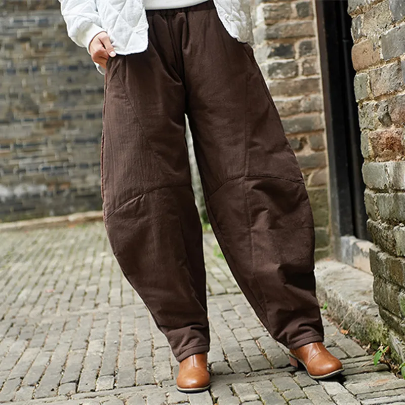 Johnature 2019 New Thicken Winter Warm Women Solid Color Cotton Linen Loose Pants Vintage Elastic Wait 3 Colors Lantern | Женская одежда