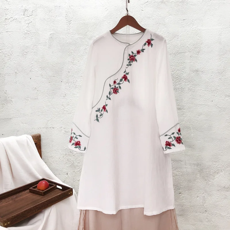 Cotton Linen Female Long Sleeve Retro Literary Embroidery Spring National Wind Dress Round Neck A-Line Dresses |