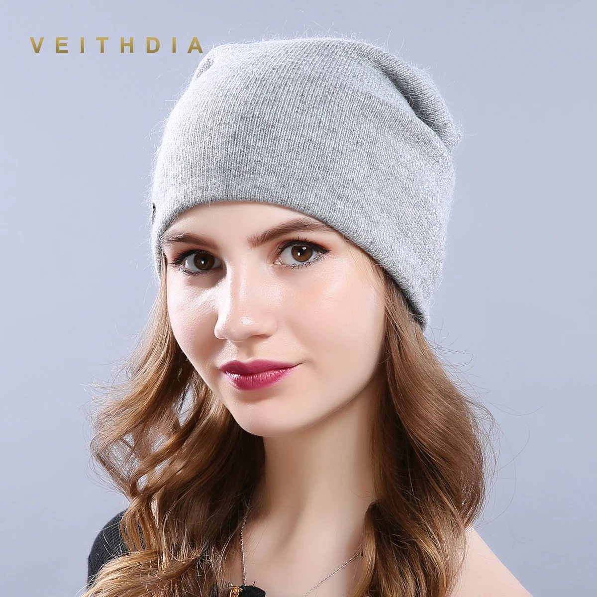 VEITHDIA женские шапки женские шерстяные повседневные осенние зимние брендовые новые двухслойные толстые однотонные вязаные шапочки для девочек - Цвет: Темно-серый