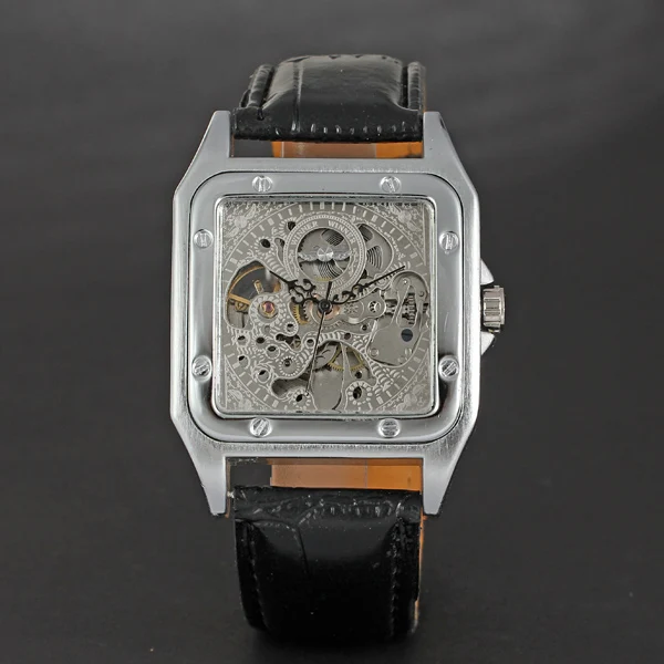 

WINNER Screw Decorated Bezel Montre Square Dual Hollow Perspective Dial Automatic Clock Leather Mechanical Selfwind