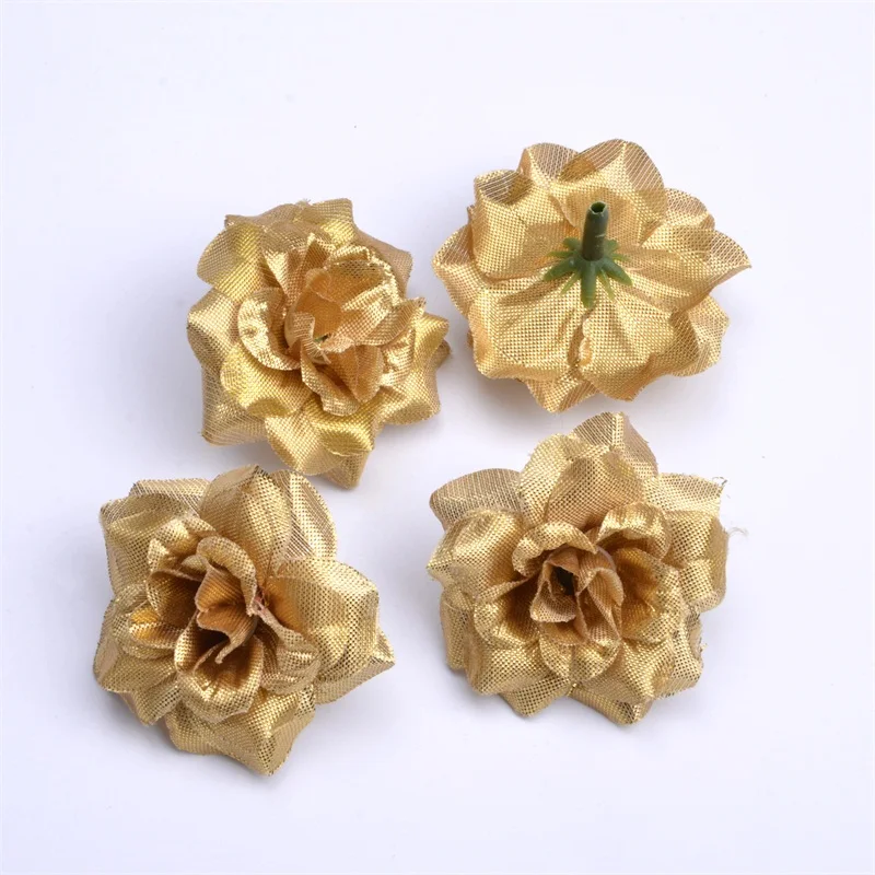 

10Pcs 4.5cm Gold Mini Artificial Silk Rose Flowers Heads DIY Scrapbooking Cheap Garland Fake Flower For Wedding Decorative