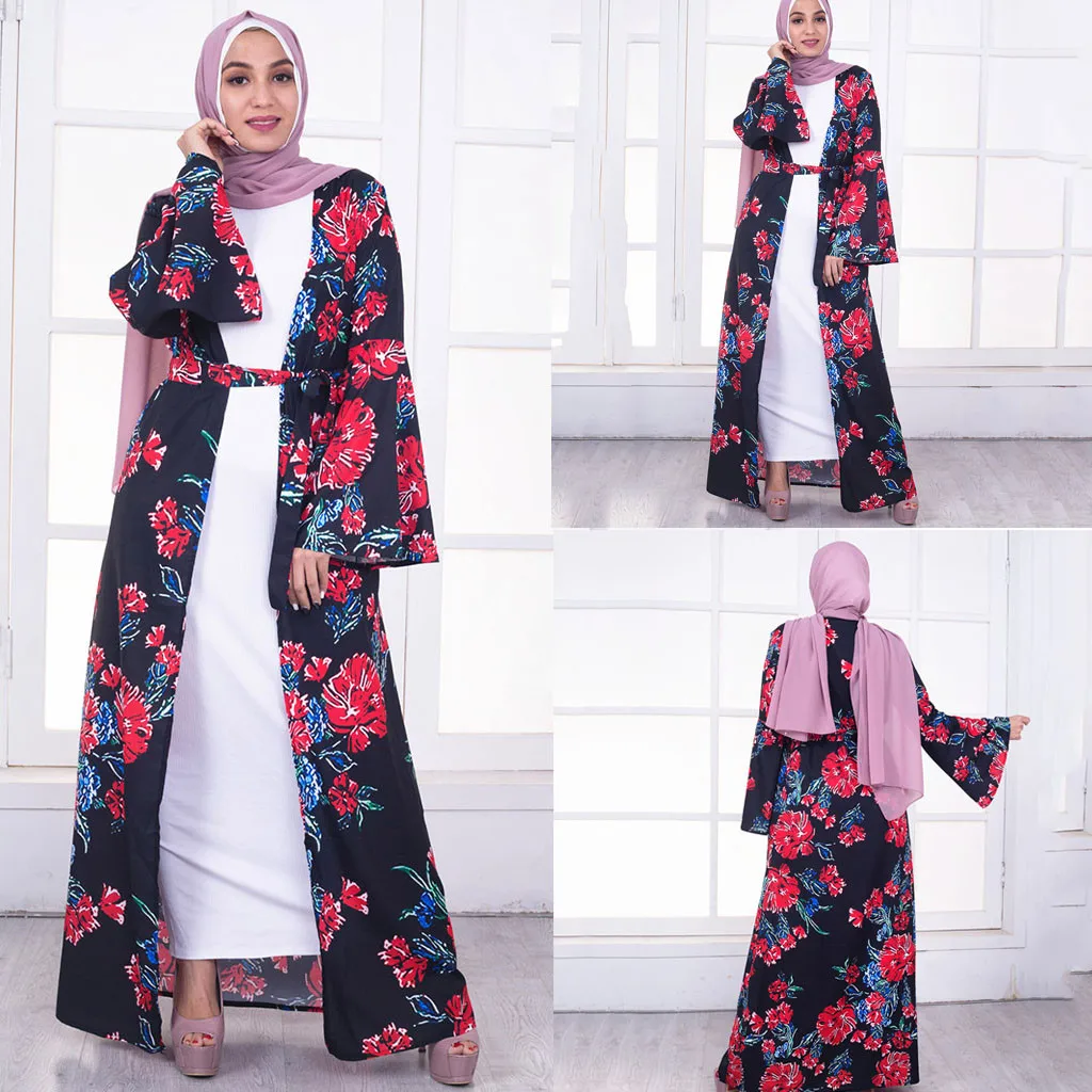 Платье женское с цветочным принтом элегантная абайя в мусульманском стиле