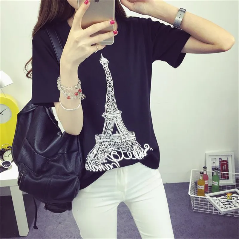 Новый Мода Весна Лето С Коротким Рукавом Майка Женщины Топы Эйфелева Башня