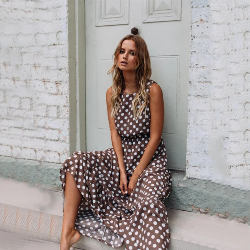 

Summer 2019 New Women Vintage Maxi Dress Casual O-Neck Sleeveless Streetwear Dress Elegant Loose Ladies Dot Long Dresses Vestido