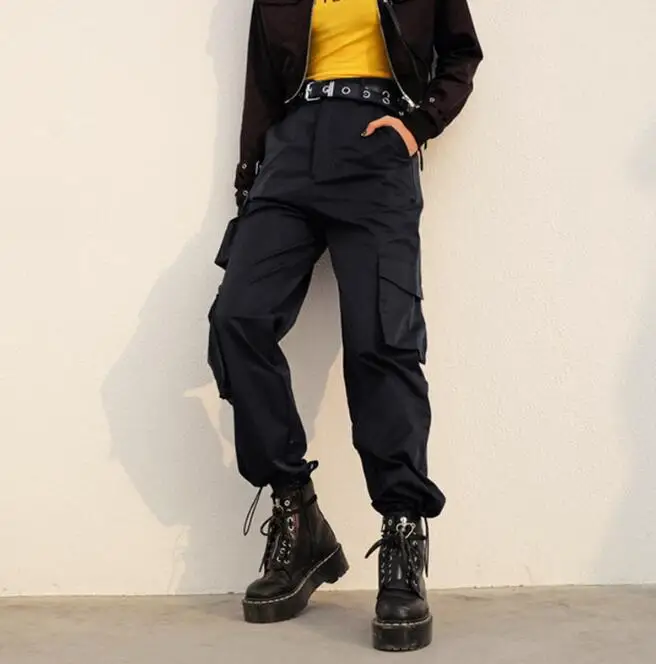 

Women's European Fashion Black Color Long Pants Female Elastic Waist Casual Hip Hop Trousers Cargo Pants TB677