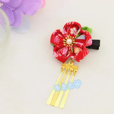 Лаконичный японский стиль Kanzashi цветок сакуры медные кисточкой красный розовый кимоно юката аксессуар ручной работы заколка для волос HW008-M