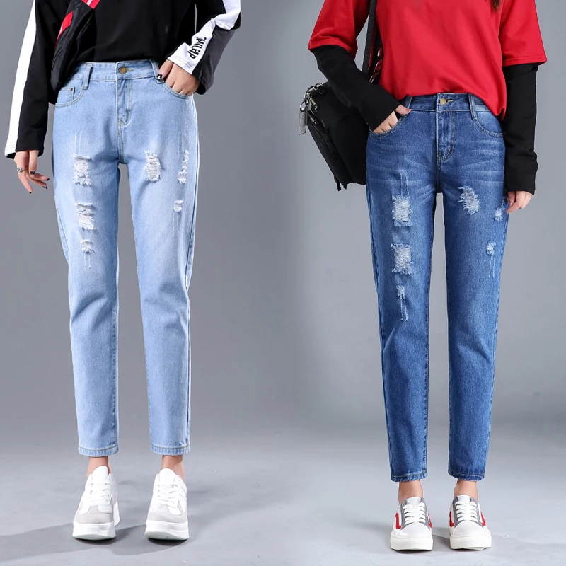 Джинсы женские хлопковые до щиколотки с высокой талией|Прямые джинсы| |