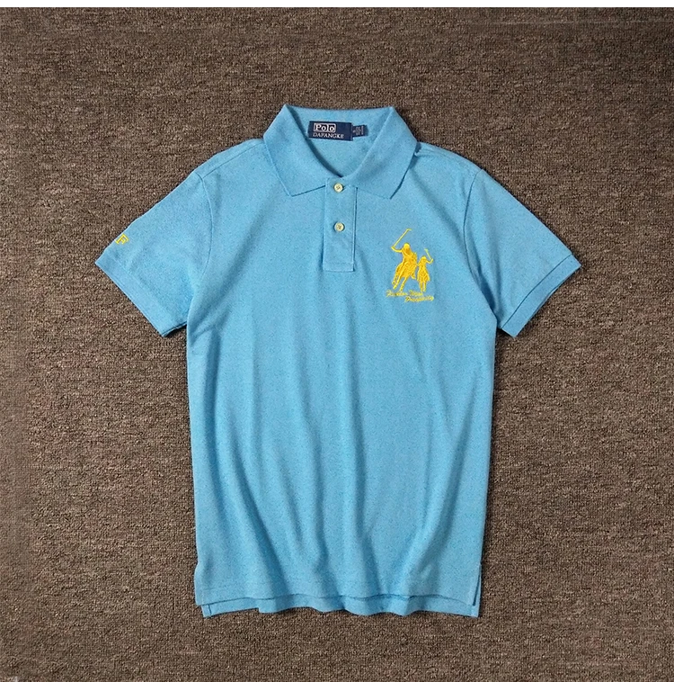 light Blue Высокое качество, модные летние мужские рубашки поло с коротким рукавом, хлопковые однотонные мужские рубашки поло с отворотом, повседневные тонкие мужские топы - Цвет: light Blue