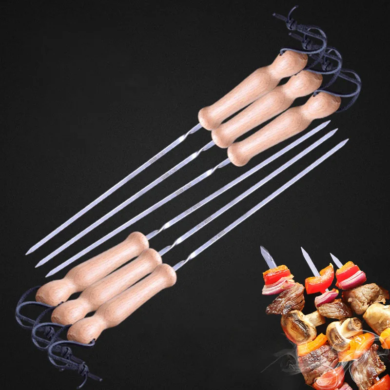 

Barbecue Sticks Wooden Handle Kebab Stickers Outdoor Picnic BBQ Tools Camping Roast Meat Skewer Grill Stainless Steel Tools 6pcs