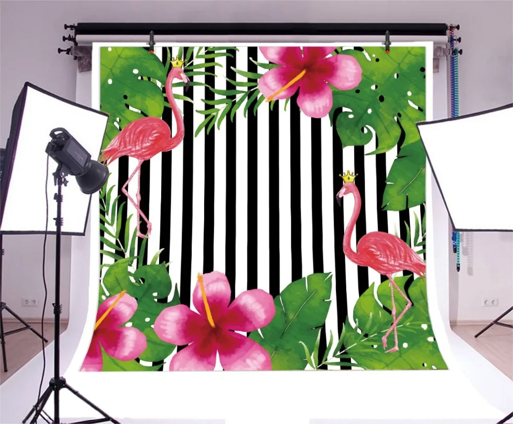 Laeacco Happy Birthday Flamingo Flower Stripe Scene Photography Backgrounds Customized Photographic Backdrops For Photo Studio |