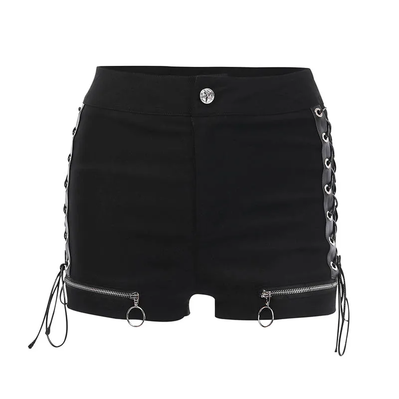 Summer Hot Shorts Women Black High Waist Bandage Casual Shorts Zipper Hollow Out Sexy Bodycon Female Gothic Black Mini Shorts