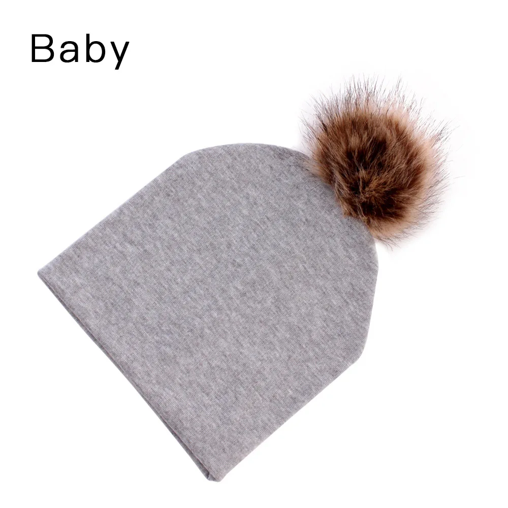 Grey Baby Мама и детская зимняя шапка, теплая хлопковая шапка для женщин и детей, шапка с помпоном из меха норки, шапка с помпоном, подходящая для мамы и меня, шапочки - Цвет: Grey Baby